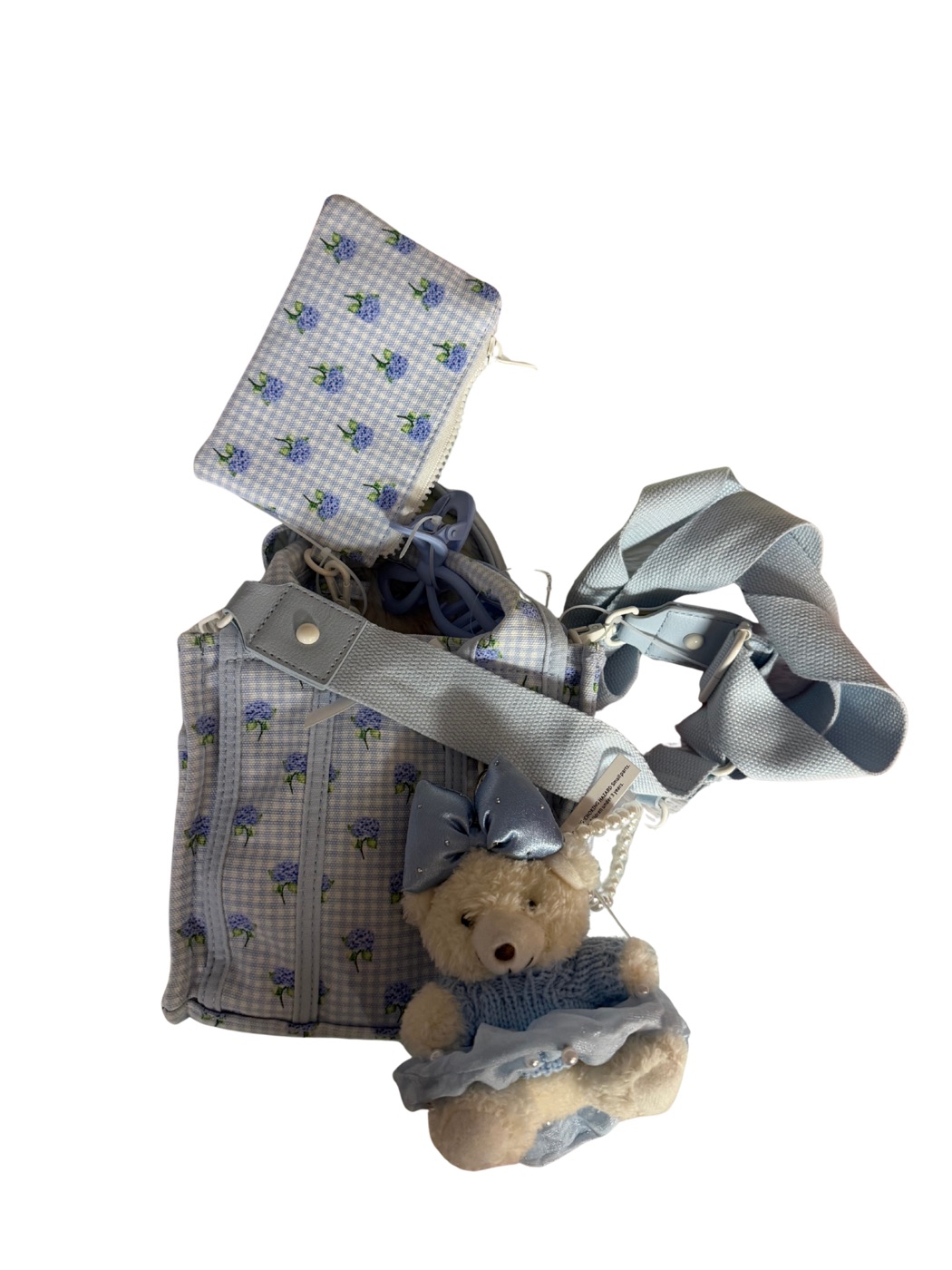 Madden Girl Madden Girl Blue Gingham Mini Tote with Embroidered Flowers and Coin Pouch