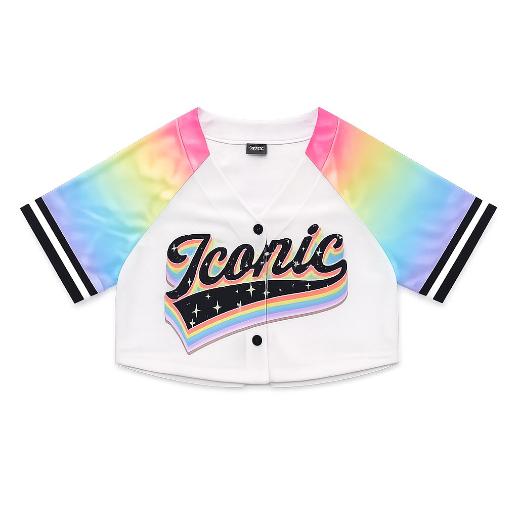 Spencer’s Spencer’s Iconic White Mesh Baseball Crop Top with Rainbow Sleeves