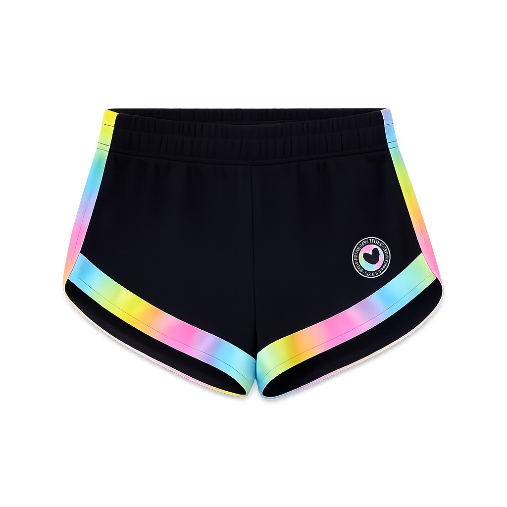 Spencer’s Spencer’s Black Athletic Shorts with Rainbow Trim and Collegiate Graphic (Front View)