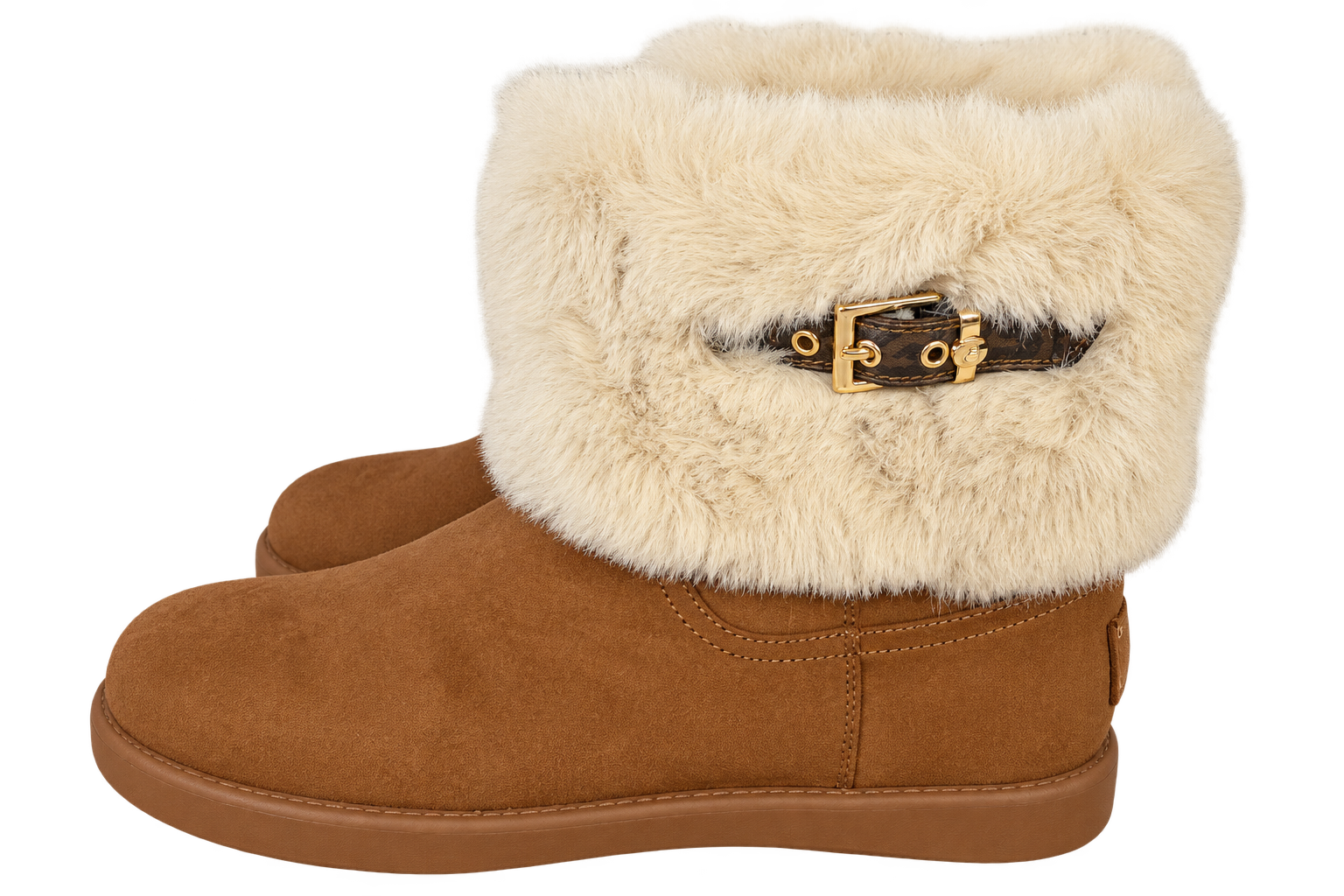 GBG Los Angeles GBG Los Angeles Chestnut Brown Boots with Cream Cuffs and Gold Buckles